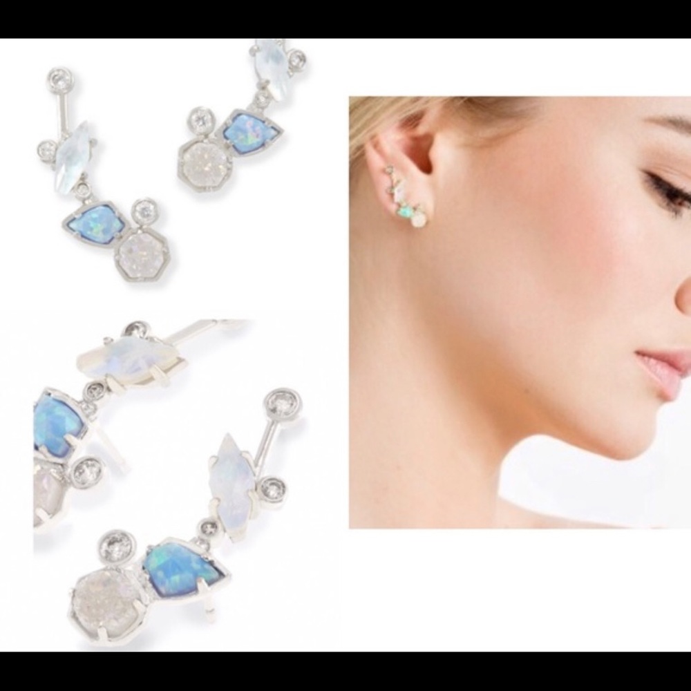 NWT RARE & Retired Kendra Scott Troian Ear Climbers Ice Blue Opal Dichroic Drusy - Picture 6 of 17